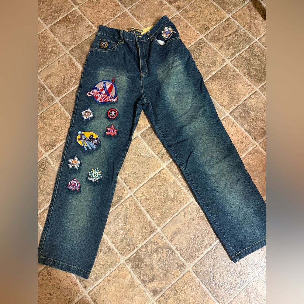 Y2K Men's Vintage Raw Blue First Team Denim MLB jeans 32W 32L